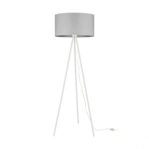 Tripod Lampadaire Métal Blanc Câble PVC Transparent Abat-jour en Tissu Gris