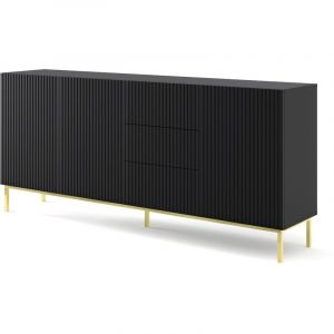 Commode Ravenna avec 3 portes + 3 tiroirs en bois et cadre doré - Noir mat - L 200 x P 42 x H 89 cm