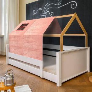 Lit montessori cabane avec textiles bobble rose