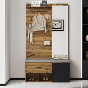 Image de Liberté - Meuble d'entrée, extérieur en bois, avec miroir, banc à chaussures rembourré, meuble à chaussures, tiroirs