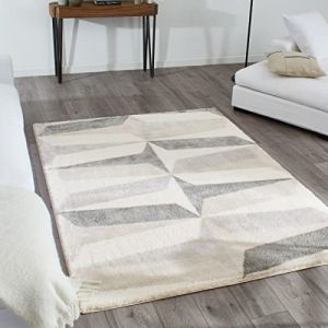 Nazar Tapis shaggy motif graphique beige, gris et ivoire - 120x160 cm