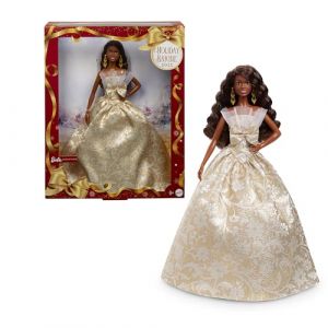Mattel Poupée Joyeux Noël 2025 aux Cheveux Noirs emblématique Portant Une Robe Agent et Or, poupée Collector pour Les fêtes, avec Emballage de présentation et Socle, JBJ01