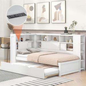 Lit gigogne 90x200cm+90x190cm, Lit plateforme d'enfant, avec compartiment de rangement avec USB, sommier à lattes, Blanc