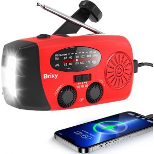 Radio d'urgence Brixy - Radio avec batterie pour les urgences - &agrave; remontoir - solaire - lampe de poche - powerbank - rouge
