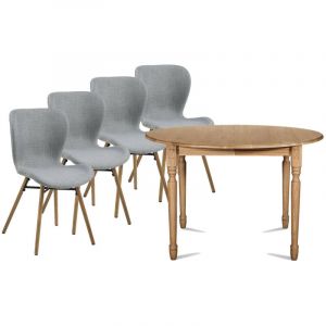 Hellin Table ronde extensible pieds tournés D105 + 4 chaises tissu - VICTORIA - Gris clair