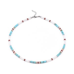 Collier Perles Heishi Turquoise Jaspe Rouge Paysage Et Blanc