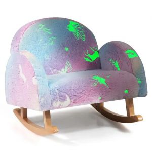 Chaise à Bascule Enfant Lumineux (Brillant dans Le Noir) avec Motif de Licorne, Fauteuil à Bascule en Bois avec Dossier & Accoudoirs Confortable,