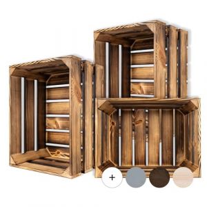 Lot de 3 Caisse Bois Flammé 40x30x23cm Rangement Vintage Boîte