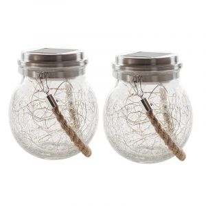 Gadgy Solar Lantaarn Craquelé Glas met 20 fairy lights - Tafellamp Set van 2 - Solar tuinverlichting op zonneenergie - Led buitenverlichting met dag/nacht sensor - Hanglamp - Tuinlantaarn - 13.5 x Ø12CM