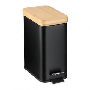 Relaxdays Poubelle de Salle de Bain, 5 litres, en métal, Seau intérieur Amovible, Couvercle en Bambou, Noire