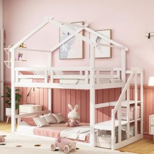 Lit cabane Lit d'enfant Lit 90x200 cm lit superposé inférieur avec escalier de sécurité cadre de lit double en bois massif blanc