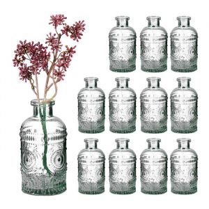 Relaxdays Lot de 12 vases en verre, design vintage en relief, h : 13 x 6 cm, mini-vases pour déco de table, verre clair