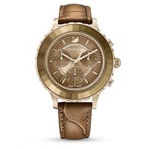 Image de Swarovski Montre Octea Lux Chrono, Fabriqué en Suisse, Bracelet en cuir, Marron, Finition ton doré Marron