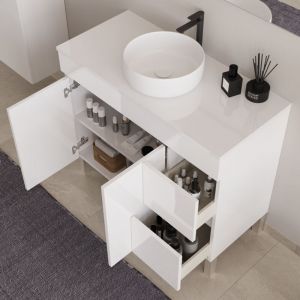 Meuble de salle de bain 100cm sur pieds avec plateau et une cuve &agrave; poser ronde - sans miroir - portes et tiroirs - blanc - HARO