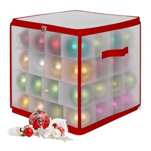 Relaxdays Bo&icirc;te de Rangement pour Boules de No&euml;l, 64 Boules, HxLxP : 36x36x36 cm, Plastique, Carton, Rouge Transparent
