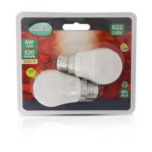 Vision-El LOT de 2 ampoules boule Ø45 6W LED (éq 55W) Culot B22 - 4000°K - 520 lumens -