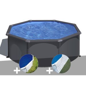 Gre Kit piscine acier gris anthracite Louko ronde 3,20 x 1,22 m + Bâche à bulles + Tapis de sol