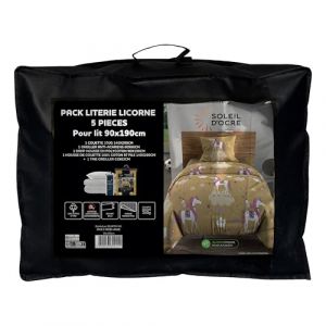 Soleil d'Ocre Ensemble Couette et Parure 5 Pi&egrave;ces Licornes Jaune pour lit en 90x190 cm