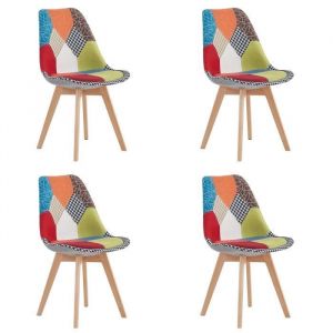 Lot De 4 Chaise De Salle À Manger En Lin Avec Pieds En Hêtre Massif, Design Rétro Patchwork Multicolore Chaises Rembourrées