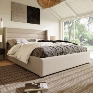Lit coffre 160x200 cm - SUNFECILI - Beige - Avec sommier à lattes - Design moderne - 2 places