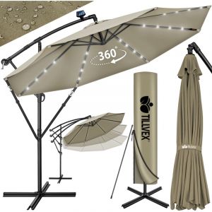 Tillvex Parasol d&eacute;port&eacute; LED solaire (Marron) en aluminium 300 cm - Avec manivelle - Avec interrupteur marche/arr&ecirc;t - Protection UV - Parasol &agrave;