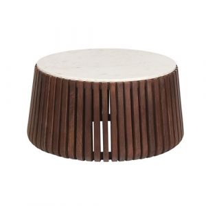 Holden - Table Basse en Marbre Blanc et Socle en Manguier Teinté Noyer