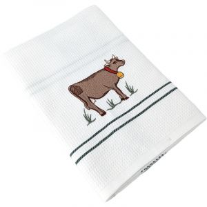 Linnea Torchon De Cuisine 50x70 Cm Waffle Brod&eacute; Coton Blanc Vert Avec Broderie Vache
