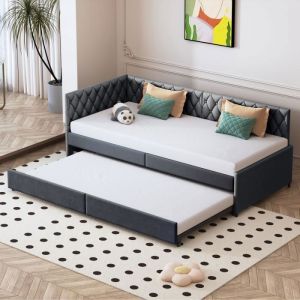 Lit gigogne 90x200cm - canapé lit avec sommier à lattes, sans matelas - motif diamant avec motif boutons - en velours gris