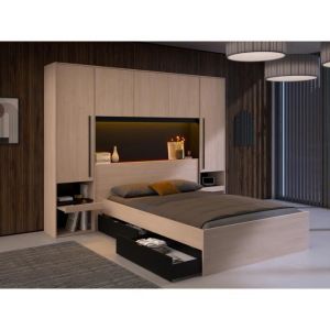 Lit pont 140 x 190 cm avec rangements - Avec LEDs - Coloris : Naturel et noir + Sommier - VELONA