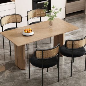 Chaises de salle &agrave; manger - JAERLIUB - Lot de 2 - Velours noir - Dossier en rotin - Pieds en m&eacute;tal