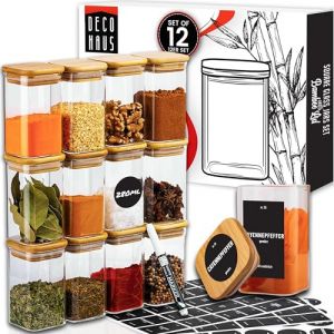 Deco haus Pots &agrave; &Eacute;pices Carr&eacute;s Herm&eacute;tiques, Set de 12-280ml [avec &Eacute;tiquettes] - Bocaux en Verre - Pot a Epices en Verre et Bois, Spice Jars - R&eacute;cipients d'&Eacute;pices - Conteneurs pour &Eacute;pices