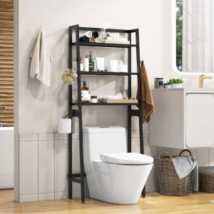 GOPLUS Meuble WC au-Dessus des Toilettes, Barre Inférieure Réglable, Porte-Papier Toilette, Etagère de Rangement à 3 Niveaux, Noir
