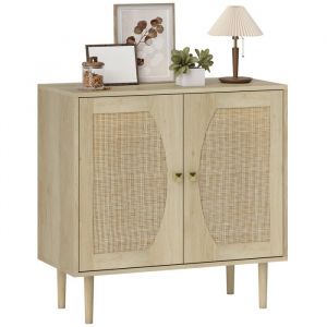 Homcom Buffet - design bohème - double portes avec 2 niveaux - façade en cannage - 80 x 38 x 79 cm - effet bois naturel