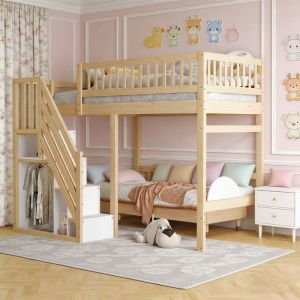 Lit mezzanine 140x200 - Escalier avec armoire - Bois massif - 2 places - Style scandinave