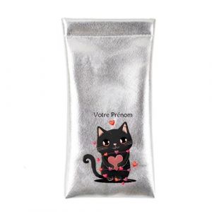 Etui a lunettes Taperso argent avec motif chat noir et des coeurs personnalisable