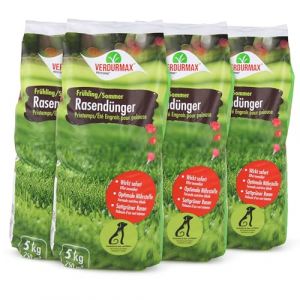Höfer Chemie Verdurmax 4 x 5 kg d'engrais pour gazon Printemps & Été – Engrais à libération prolongée avec azote pour 1000 m² de gazon vert luxuriant – Sans danger pour les chiens – Compatible avec épandeur
