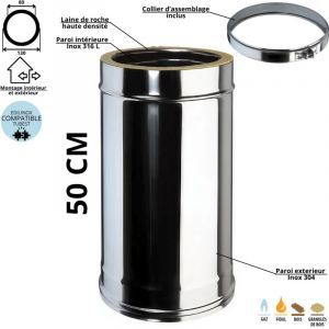 El&eacute;ment 50 cm conduit double paroi isol&eacute; Edilinox - Diam&egrave;tre 80 mm