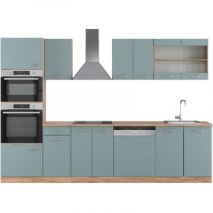 Cuisine R-Line, Bleu-gris/ch&ecirc;ne dor&eacute;, 300 cm avec armoire haute, PT Ch&ecirc;ne, Vicco