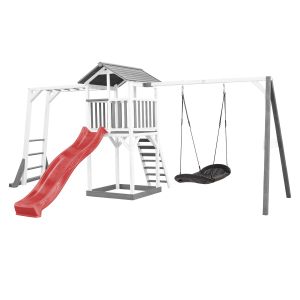 Axi Beach Tower Aire de Jeux avec Toboggan en Rouge, Cadre d'escalade, Balançoire Nid d'oiseau Noir & Bac à Sable Grande Maison Enfant extérieur en