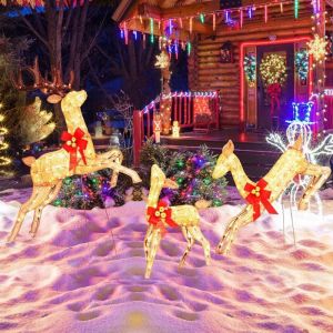 Decoration Noel Exterieur Lumineuses led, Set Familial de Rennes Wapiti Noël avec 255 Lumières Blanc Chaud & 12 piquets de Terre pour Vitrine,Pelouse