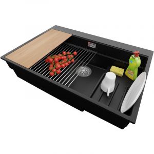Primagran - vier Cusine en Granit 78x53 cm Lavabo Cuisine 1 Bac + Kit de Vidage, Évier au meuble 80 cm, Évier à Encastrer de Noir