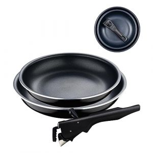 Bergner Click&Cook Black Edition | Set de 2 Poêles de Cuisine de 22 et 26 cm + 1 Manche Ergonomique et Amovible | Aluminium Pressé et Antiadhésif | Pour tous Types de Cuisinières et de Four