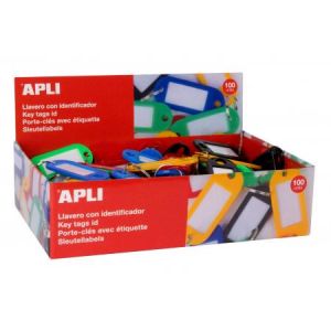 APLI 17132 - Bo&icirc;te de 100 porte-cl&eacute;s avec anneau, 22x51mm, coloris assortis