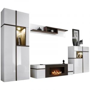 Ensemble de salon CRISS avec chemin&eacute;e bio-&eacute;thanol &ndash; Blanc brillant &ndash; Meuble TV, vitrine, vitrine basse et &eacute;tag&egrave;re