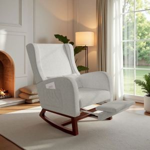 Fauteuil &agrave; Bascule - Rocking Chair Ergonomique - Velours Gris - Bois Rouge - 4 en 1