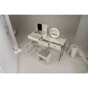 Ensemble de Coiffeuse et Tabouret COSTWAY, Miroir et &Eacute;clairage R&eacute;glable, Plateau en Verre, 3 Tiroirs, Porte, 120 Fentes pour Bagues