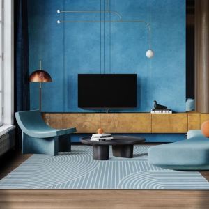 Tapis salon tissé motif géométrique contemporain, bleu 200x290