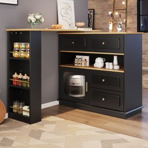 URBAN MEUBLE Table de bar rotative multifonctionnelle noire et effet bois avec rangement Intelligent