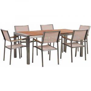 Beliani Table de jardin plateau bois eucalyptus 180 cm et 6 chaises beiges GROSSETO