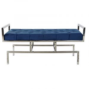 Banquette en velours bleu et pieds en acier - Longueur 97 x Profondeur 44 x Hauteur 46 cm -PEGANE-